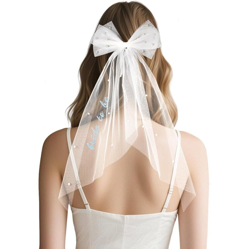 🆕 Women Blue Embroidered Bride to Be Veil Bachelorette Party Tulle Pearl Bow